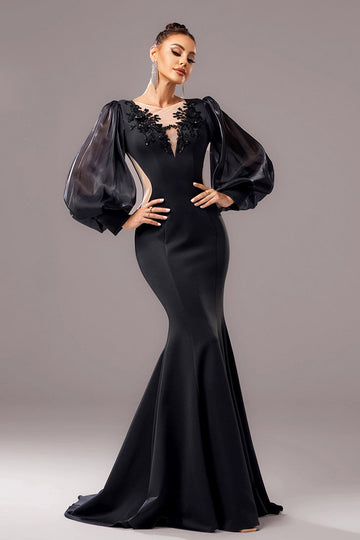 Sirène noire Puff Manches longues Col V Robe longue formelle avec appliques